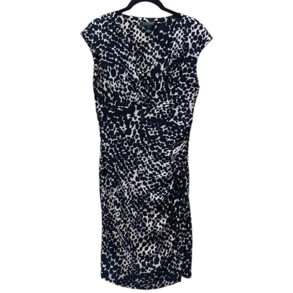 Lauren Ralph Lauren Navy / White Faux Wrap Surplice Neck Sleeveless Dress (8)